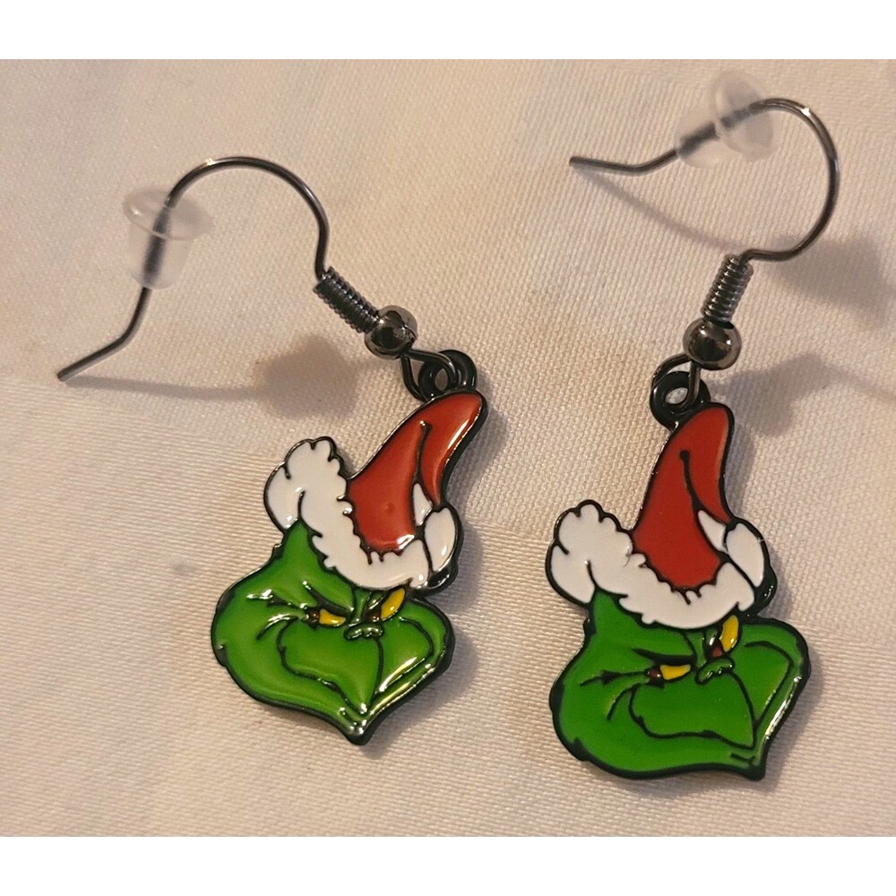 Grinch Inspired Santa Hat Enamel Metal Dangle/Drop Hook Earrings French Wire